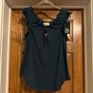 CHASER Navy Blue Keyhole Tie Ruffle Top - Size Medium
